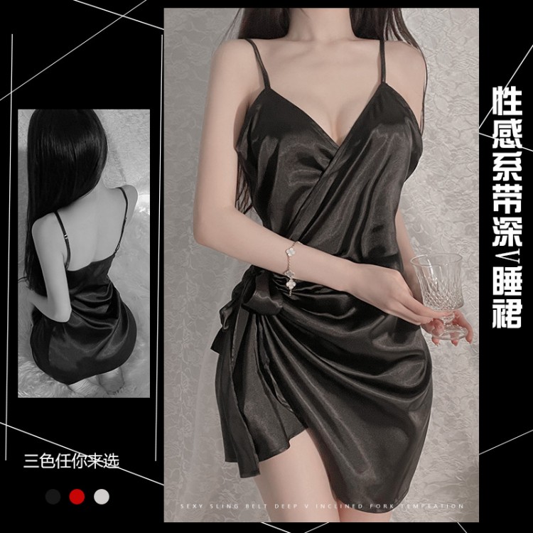 Guiruo Brand Sexy Open Back Deep V Lace Up Wrap Hip One Piece Sleeping Dress Pure Desire Women's Sling Home Suit Set 2320