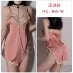 Guiruo Summer Sexy Deep V Women's Pajamas Thin Satin Lace Split Sleeping Dress Home Suit Set 936