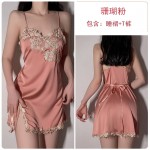 Guiruo Sexy Satin Embroidery Thin Hanging Sleeping Dress Lace up Sleeping Robe Bathrobe Women's Home Furnishing Set Issued on behalf of 766