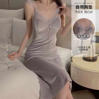 Rose like Autumn and Winter Velvet Lace Perspective Sexy Backless Chest Cushion Hollow out Slim Slim Slim Slim Hanging Strap Home Sleeping Dress 3863