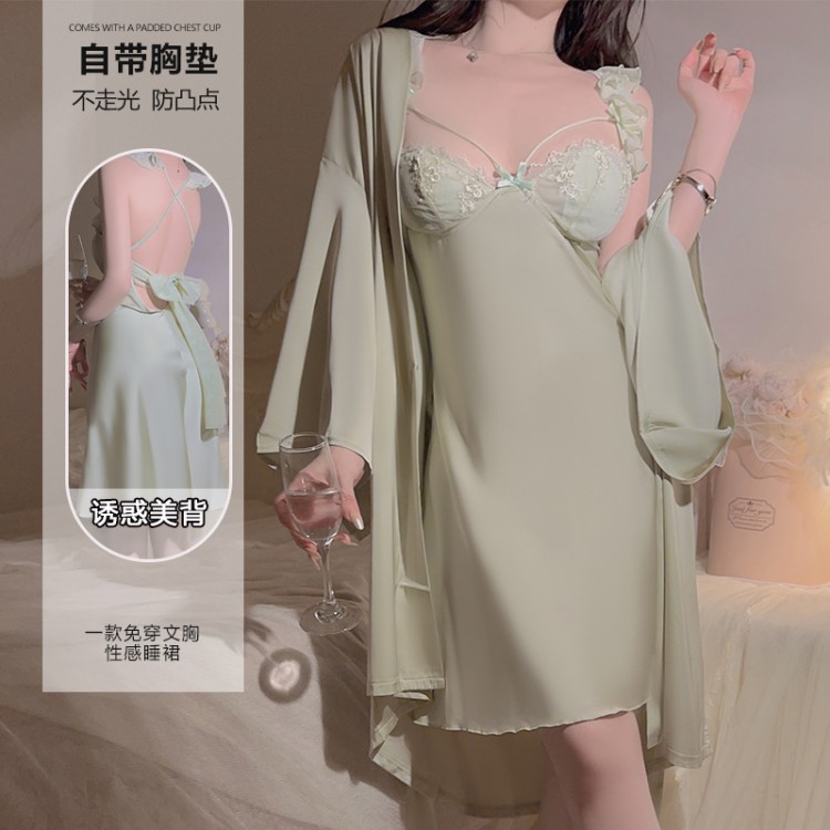 Guiruo Satin Lace V-Neck Gathered with Chest Cushion Lace Strap Cross Back Sleeping Dress Outer Robe Home Suit Set J3336