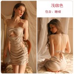 Guiruo Fun Lingerie Hollow out Temptation Strap Chain Pajama Hanging Neck Sling Pajama Dress Women's Home Furnishing Set 1659