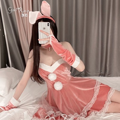 Guiruo Sweet Bow Velvet Christmas Costume Role Play Bunny Girl Bust Fit Dress Uniform Set 1953