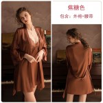 Guiruo brand pajamas with satin stitching and lace sexy deep V-shaped suspender pajamas with tie up outer robe, home clothing set 780