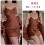 Guiruo Lingerie Summer Solid Color Ice Silk Waist Slim Lace Up Fold Suspended Sleeping Dress Outer Robe Home Set 1517