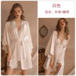 Guiruo Sexy Temptation Lace Open Back V-Neck Smooth Women's Suspender Dress Outer Robe Comfortable Home Suit Set 1690