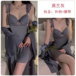 Guiruo Sexy Open Back with Chest Cushion Steel Ring Gathering Light Luxury Satin Nightgown Outer Robe Women's Home Set P3119