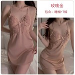 Ruo Ruo Sweet Lace Deep V with Chest Pads Sexy Open Back Silk Smooth Satin Nightgown Outer Robe Home Suit Set 1170