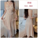 Guiruo Sexy Deep V Butterfly Chest Cup with Cushion Sweet Lace Translucent Satin Nightgown Outer Robe Home Suit W2785