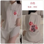 Guiruo Satin Shirt Style Sexy Open Front Deep V-Button Red Lip Print Pure Desire Short Sleeve Women's Home Sleeping Dress 3363