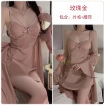 Guiruo Sexy Nightwear Lace Mesh and Chest Pads Gathered Open Back Suspended Nightwear Robe Home Set C3461