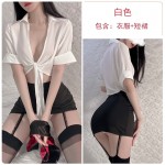 Guiruo Autumn and Winter Fun Lingerie Sexy Lace up Breast Dewing Perspective Attractive Slim Fit Wrap Hip Skirt OL Uniform Set 088