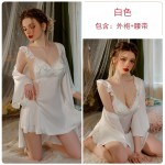 Guiruo Sexy Lace and Chest Cushion Open Back Hollow out Temptation Satin Nightwear Simple Outer Robe Home Suit Set 3420