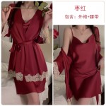 Guiruo minimalist style, solid color, sexy, low cut collar, open back, seductive satin nightgown, outerwear, home clothing set 1477