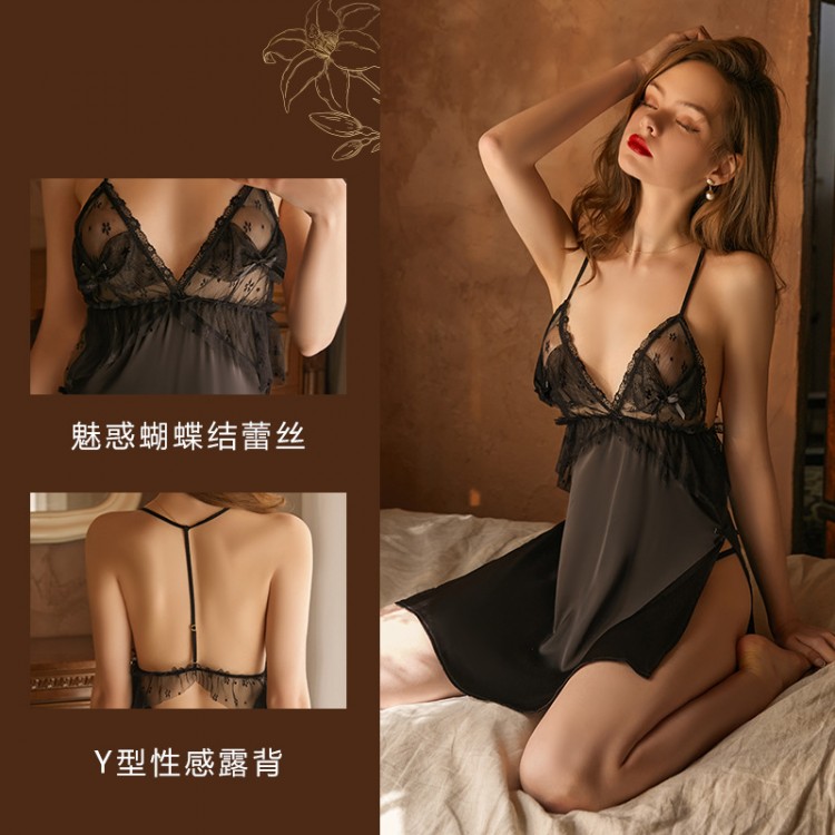 Guiruo Brand Fun Underwear Sexy Deep V Lace Perspective Sweet Bow Knot Split Temptation Strap Dress 1158