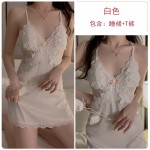 Guiruo Sexy Satin Lace Deep V with Chest Pads Cross Back Suspended Sleeping Dress Outer Robe Home Suit Set 1170