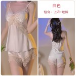 Guiruo Lingerie Sexy Deep V Plus Chest Pads Sweet Lace Satin Top, Shorts, Outer Robe, Women's Homewear Set