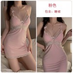 Rosette Sweet Lace Perspective and Chest Cushion Cross Open Back Seduction Slim Fit Sleeping Skirt Outer Robe Home Suit Set 2452