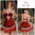 Guiruo satin patchwork mesh sexy hollow open back with chest pad, steel ring suspender, nightgown, outerwear, home suit 3230