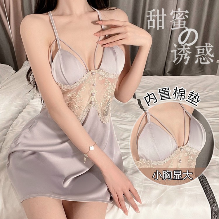 Rosette Sweet Lace Backless Seduction Solid Color Pajamas with Chest Pads, Suspended Nightwear, Home Furnishing Set 2403