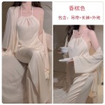 Guiruosi Smooth Satin Lace up Neck Hanging Sexy Open Back Suspender Top Pants Outer Robe Home Suit Set Q3252