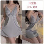 Guiruo Satin Lace Perspective Deep V Drawstring Waist Waist Slim Slim Hanging Strap Sleeping Dress Outer Robe Women's Home Set 3210