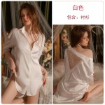 Guiruo Sexy Deep V Satin Panel Lace Perspective Temptation Shirt Collar Simple and Comfortable Nightwear Homewear 3317