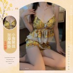 Guiruo Summer Satin Sexy Deep V with Chest Cushion Suspender Shorts, Yellow War Robe, Popular Online Home Suit 3759