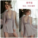 Guiruo Sexy Satin Patched Lace V-neck with Chest Pads, Pearl Strap Sleeping Dress, Outer Robe, Women's Home Furnishing J3133