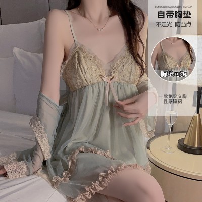 Guiruo Soft Mesh Embroidery Lace and Chest Cushion Deep V Sexy Open Back Sleeping Dress Outer Robe Home Suit 3900