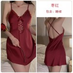 Guiruo Brand Silk Smooth Satin Face with Chest Pads Perspective Lace Sexy Cross Back Sleeping Dress Outer Robe Home Suit 3616