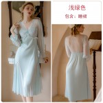 Guiruo New Long Ice Silk Pajamas Women's Court Style Long Sleeve Lace Perspective Pajama Dress Home Suit Set W2805