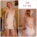 Guiruo Brand Sexy French Deep V Open Back Mesh Suspended Sleeping Dress Lace up Outer Robe Women's Homewear Set 1984