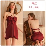 Guiruo Sexy Hanging Neck Lace up Pajamas Hot Backless Steel Ring Suspended Pajama Dress Women's Chest Cushion Home Suit Set 1643