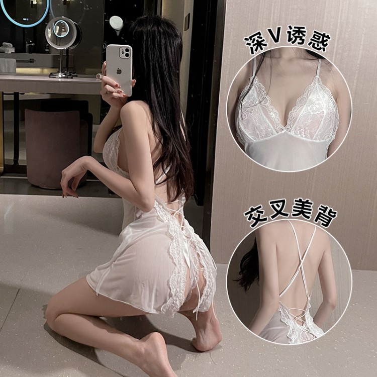 Guiruo Fun Lingerie Sexy Mesh Perspective Attractive Cross Leaky Back Sleeping Dress Lacing Strap Sleeping Dress Set 807