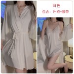 Guiruo Sexy Pajamas Open Back Ice Silk Perspective Comfortable Suspended Nightwear Lace up Outer Robe Women's Home Furnishing Set 436