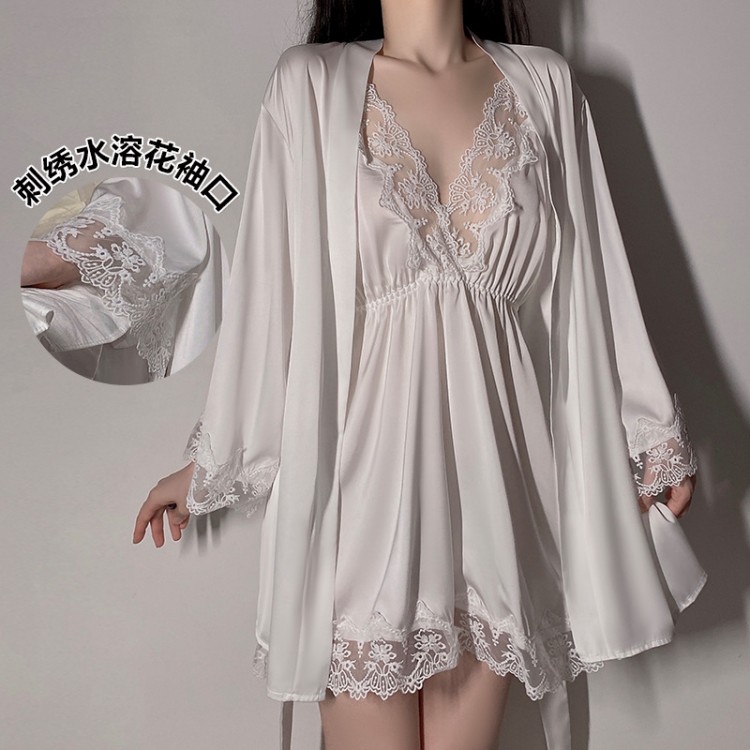 Guiruo Satin Lace Hanging Pajama Dress Women's Long Sleeve Lace up Pajama Robe Bride Morning Robe Home Furnishing Set Issued on behalf of 267