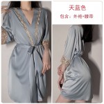 Guiruo Pajamas Women's Sexy Deep V Satin Nightgown Thin Suspended Nightgown Lace up Bathrobe Home Suit Set 766