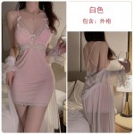 Rosette Sweet Lace Perspective and Chest Cushion Cross Open Back Seduction Slim Fit Sleeping Skirt Outer Robe Home Suit Set 2452