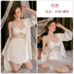 Guiruo Pure Desire V-neck Hollow Satin Lace Mesh Perspective and Chest Cushion Sleeping Skirt, Outer Robe, Home Suit Set 3124