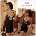 Guiruo Sexy Deep V Satin Embroidery Sexy Hem Split Sexy Drop Sleeping Dress Outer Robe Home Suit Set 766