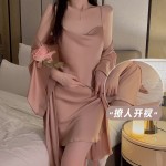 Guiruo Sexy Stacked Collar Silk Smooth Satin High Split Open Back Seduction Sling Sleeping Dress Outer Robe Home Set 1910