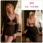 Guiruo Deep V Low cut Hollow Mesh Perspective Lace Hanging Sleeping Dress Comfortable Outer Robe Women's Home Suit Set 2697