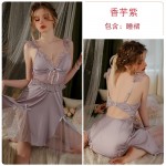 Guiruo Satin Mesh Perspective Deep V Hollow and Chest Cushion Sexy Open Back Sleeping Dress Outrobe Home Suit Set J3189