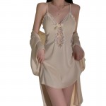 Guiruo Satin Lace Deep V with Chest Pads Perspective Attractive Slim Fit Sleeping Skirt Outer Robe Home Suit Set 3616