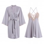 Guiruo Brand Sweet Solid Color Open Back Suspended Sleeping Dress Lace up Cardigan Outer Robe Women's Home Furnishing Set Issued on behalf of 1854