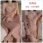 Guiruo Satin Lace and Chest Cushion Combination Sexy Backless Pure Desire Split Sleeping Dress Outer Robe Home Set J2970