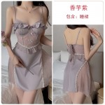 Guiruo Lingerie Satin Low Chest Gathered with Chest Pads Perspective Lace Combination Sleeping Dress Outer Robe Home Suit Set 3128