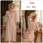 Guiruo Sexy Long Sleeping Dress French Deep V Split Silk Smooth Satin Face Waist Tie Up Dress Home Suit Set Q2796