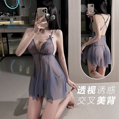 Guiruo Fun Lingerie Cross Backless Seduction Deep V Lace Pajamas Perspective Suspended Dress Home Suit Set 1639